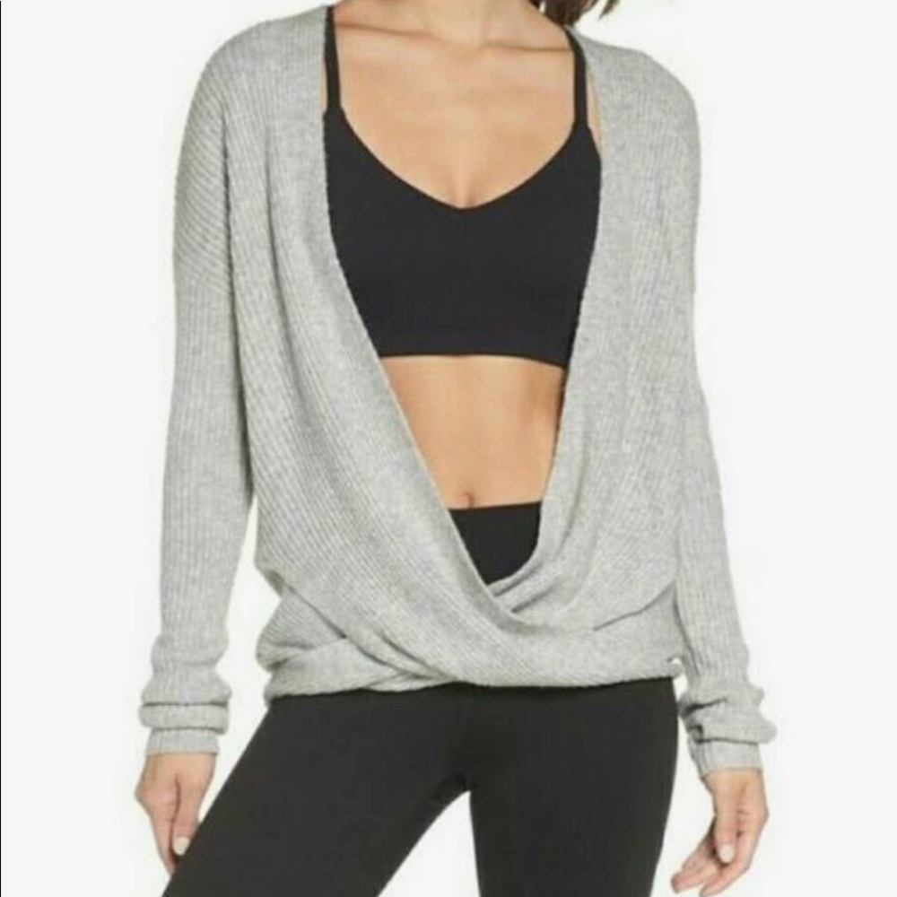 Zella Ribbed Wrap Sweater Gray Yoga Barre